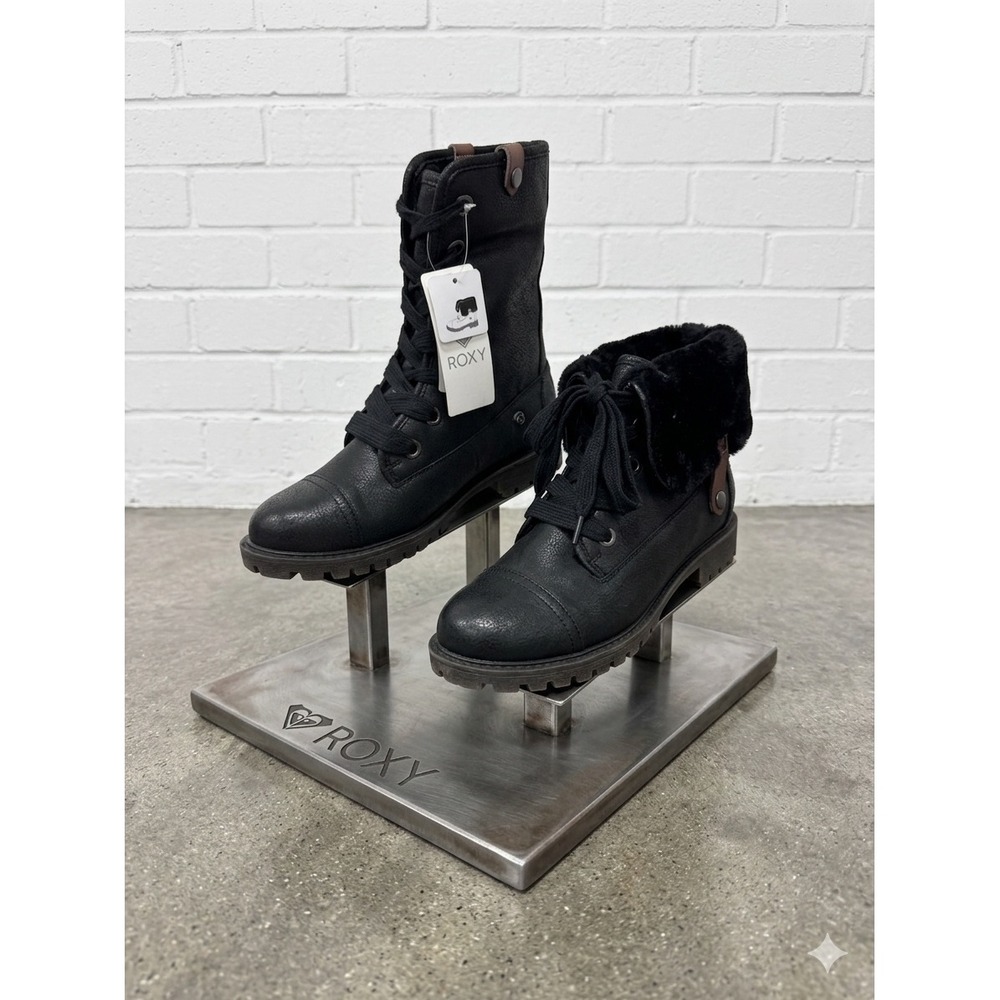 Roxy Bruna Black 🖤Combat Boots Faux Fur Fold Down Lace Up Lug Sole ARJB700580 9
